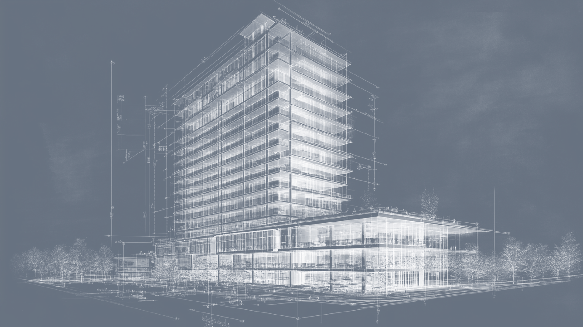 Ilustração técnica de um edifício ao fundo