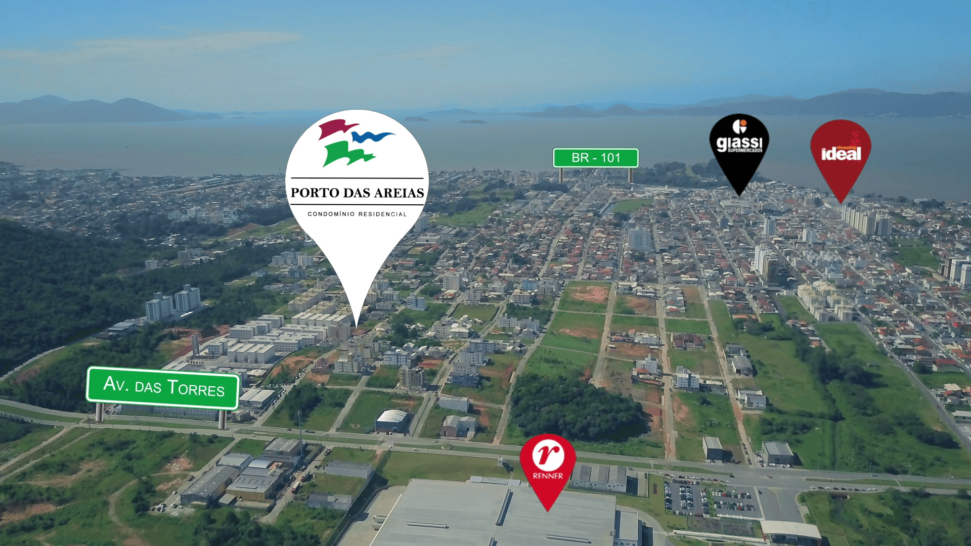 Mapa mostrando pontos de interesse próximos ao Porto das Areias