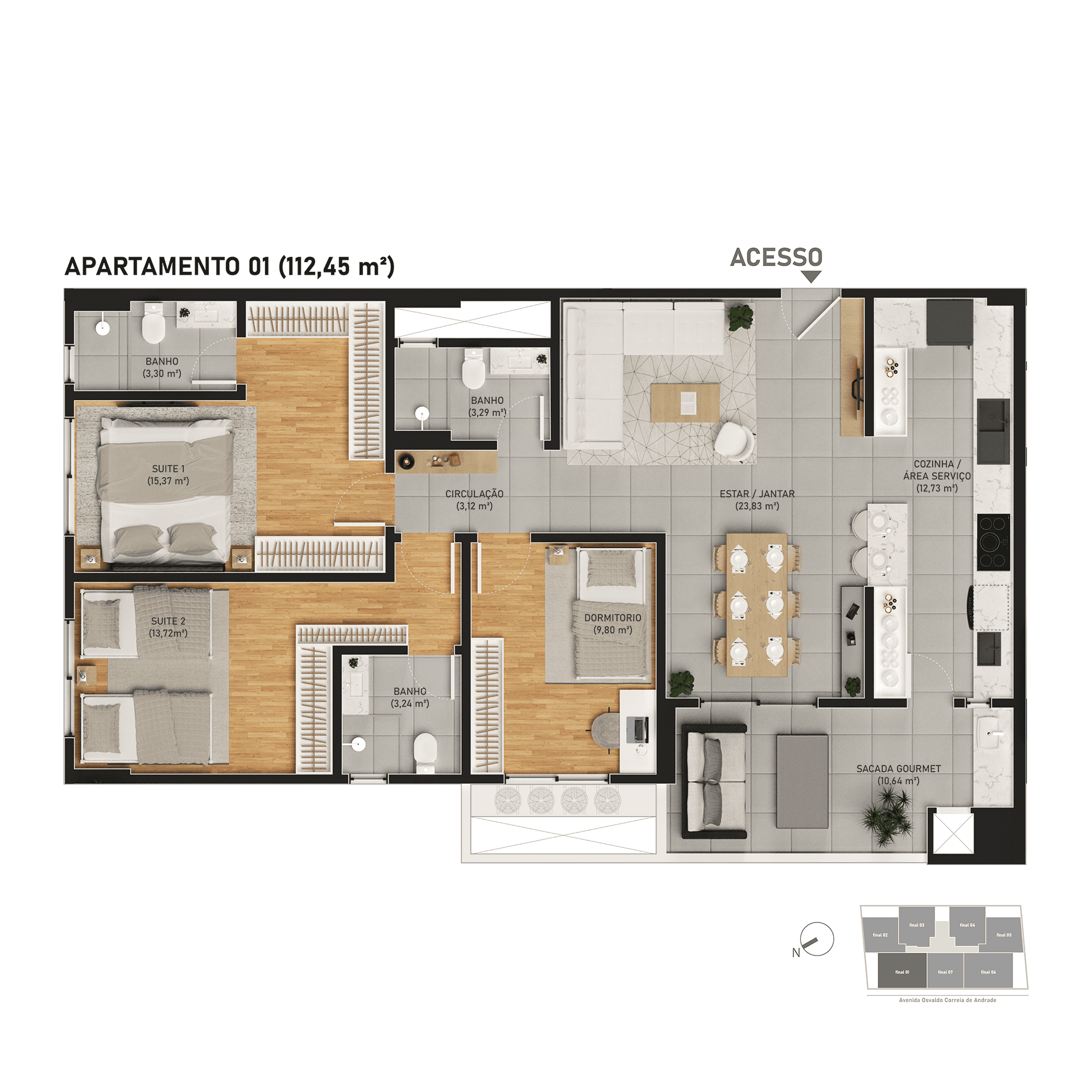 3 Dorms · 2 Suítes — 112,45m²