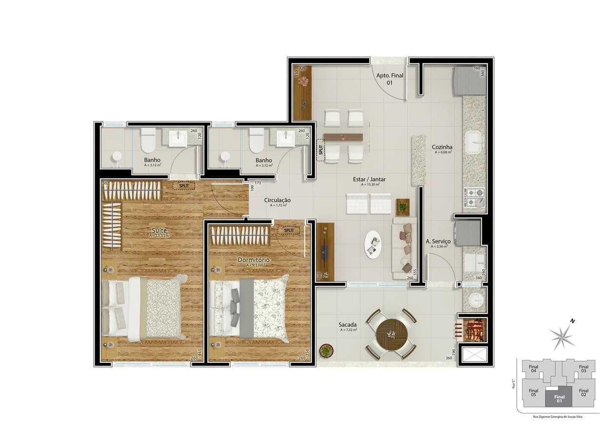 2 Dorms · 1 Suíte — 71,64m²