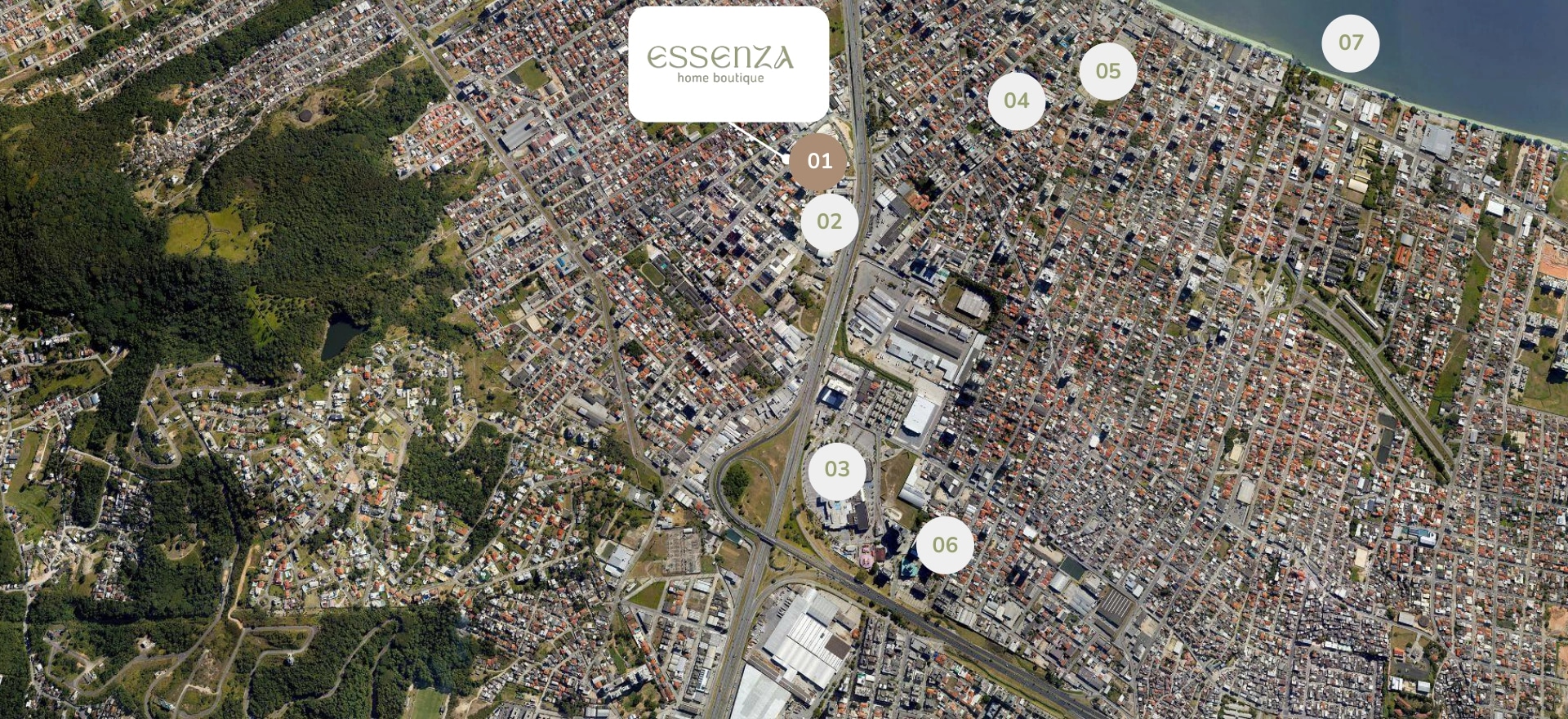 Mapa dos arredores do Essenza com os sete pontos originais da apresentação, identificados na legenda