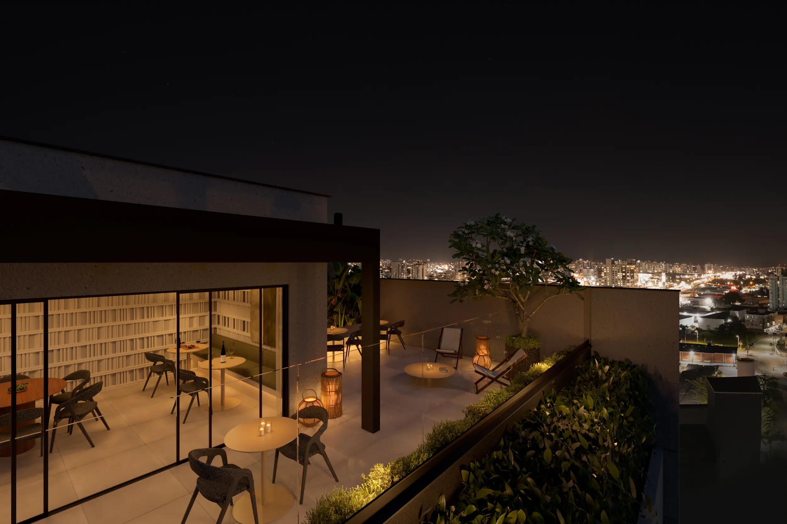 Terraço do salão de festas do Essenza à noite
